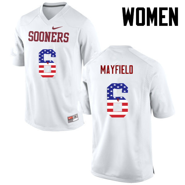 Women Oklahoma Sooners #6 Baker Mayfield College Football USA Flag Fashion Jerseys-White - Click Image to Close